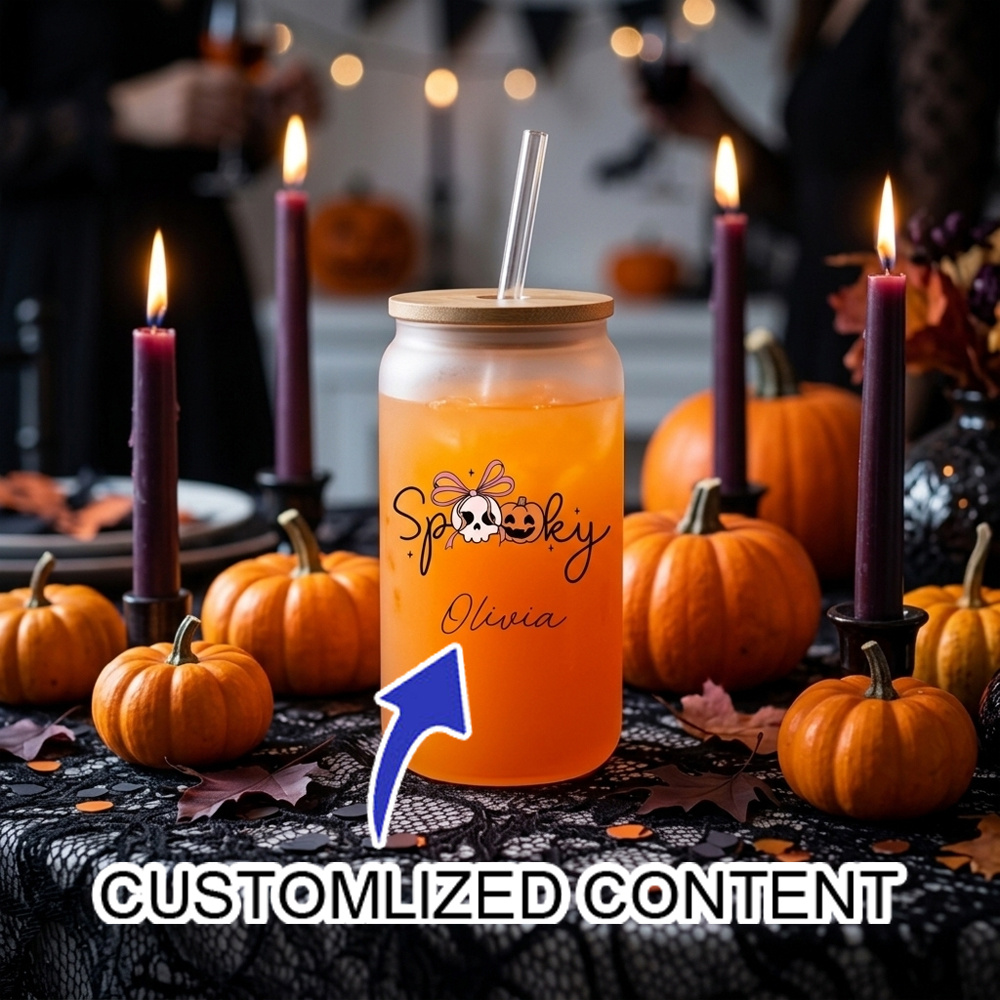 Coffee Equipment Names - カスタム名入れ スポーキーハロウィン グラスカップ 竹製蓋とストロー付き、クリア＆フロスト2種類のスタイル、再利用可能なアイスコーヒー用ドリンクカップ