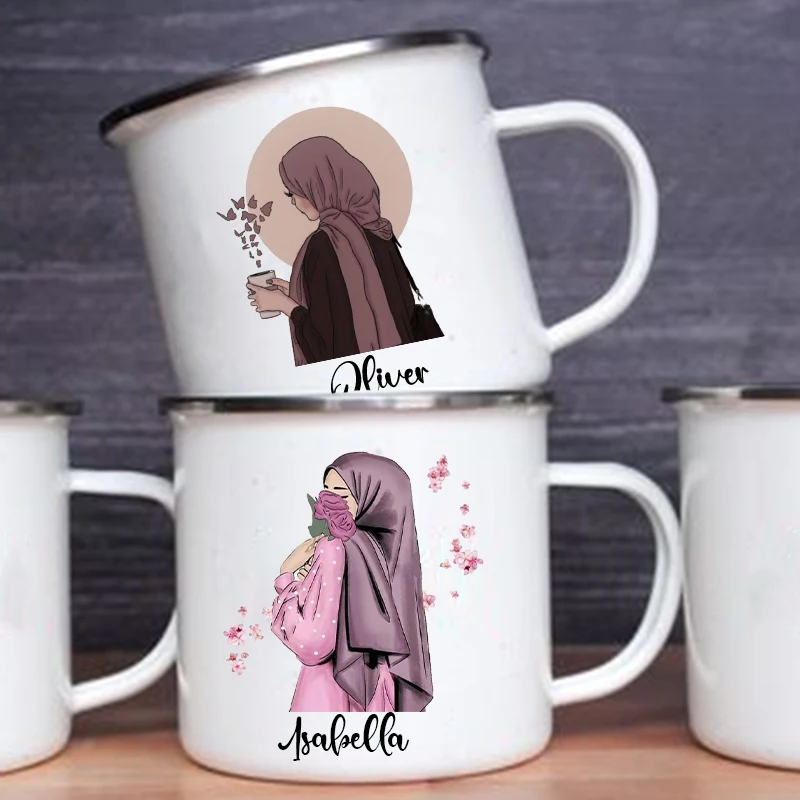 Coffee Equipment Names - Hijabi-女の子のためのカスタムエナメルカップ,ドリンクカップ,ドリンクカップ,名前の付いたカップ,ハンドル付きのパーソナライズされたカップ