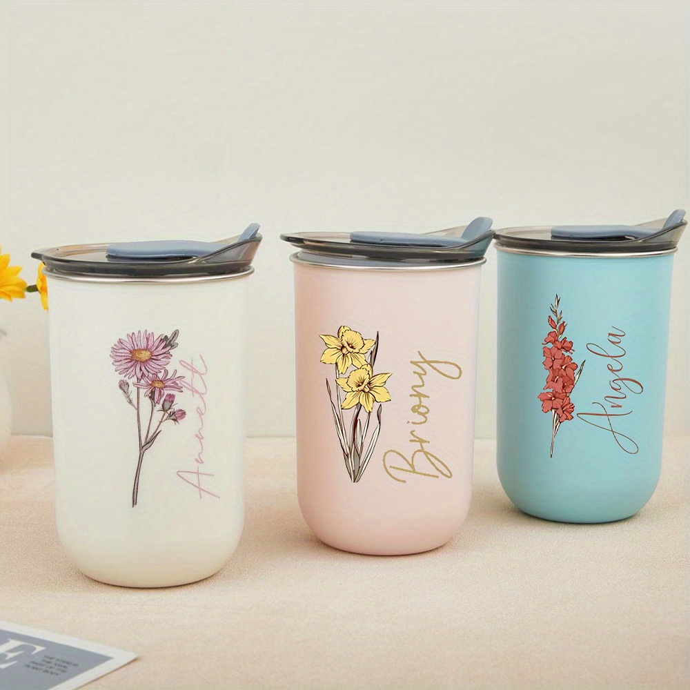 Coffee Equipment Names - カスタムバースフラワー ステンレススチール製蓋付きカップ、名前入り断熱コーヒーカップ、花柄トラベルマグ 女性へのギフト。