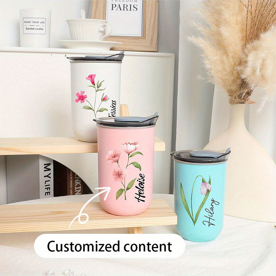 パーソナライズされた名前入り誕生花柄断熱コーヒータンブラー、 - Coffee Equipment Names のレビューと価格